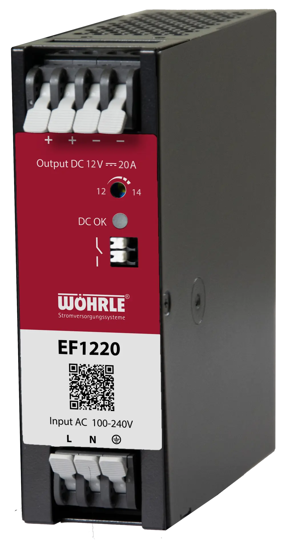 Zdroj 12V, 20A, 1f, RC, F série, objednací číslo EF1220, Wöhrle - Spínaný zdroj na DIN, 1F